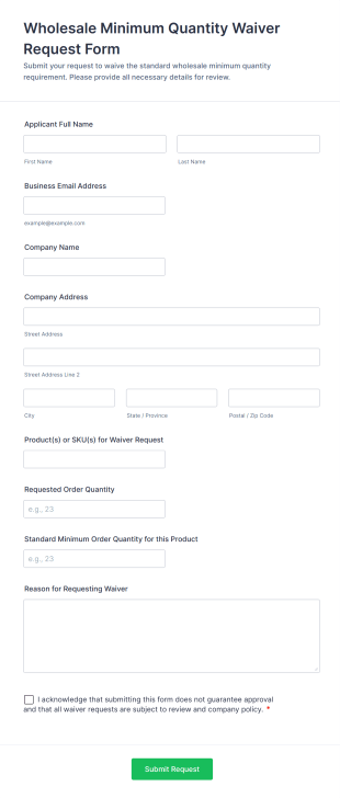 Wholesale Minimum Quantity Waiver Request Form Template