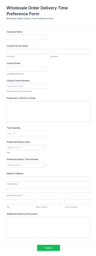 Wholesale Order Delivery Time Preference Form Template