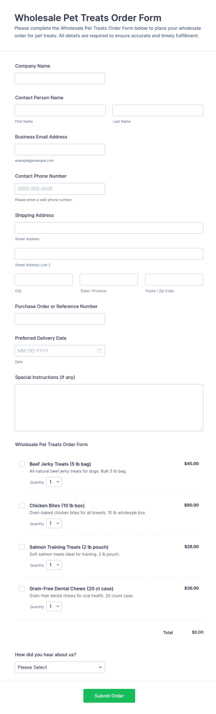 Wholesale Pet Treats Order Form Template