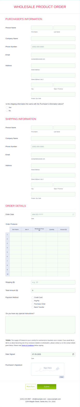 Wholesale Product Order Form Template