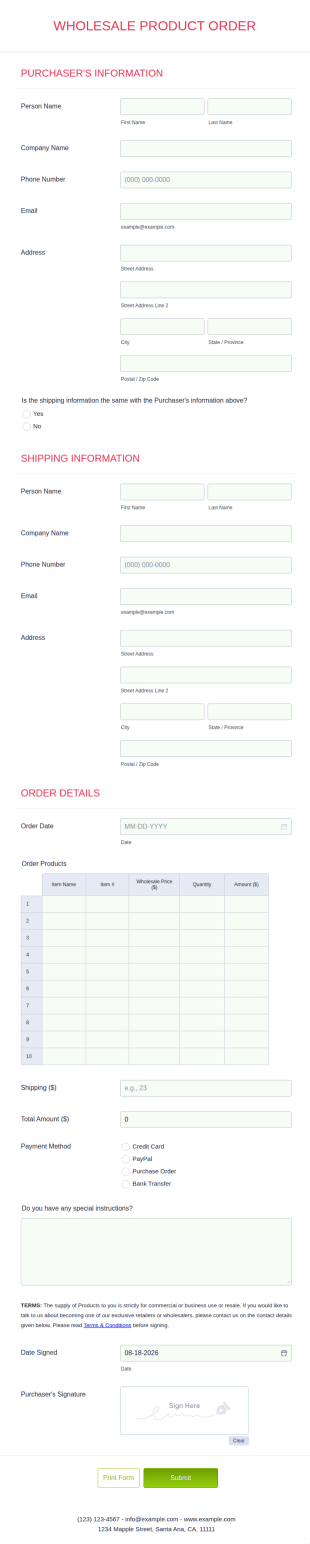 Wholesale Product Order Form Template