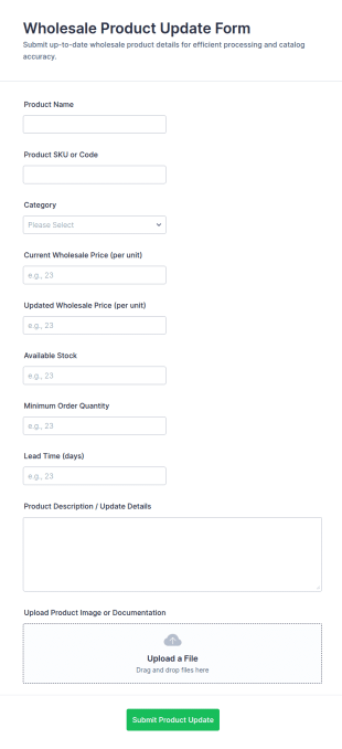 Wholesale Product Update Form Template