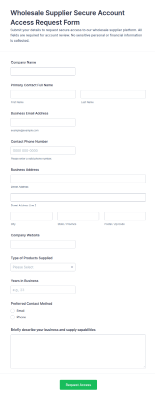 Wholesale Supplier Secure Account Access Request Form Template