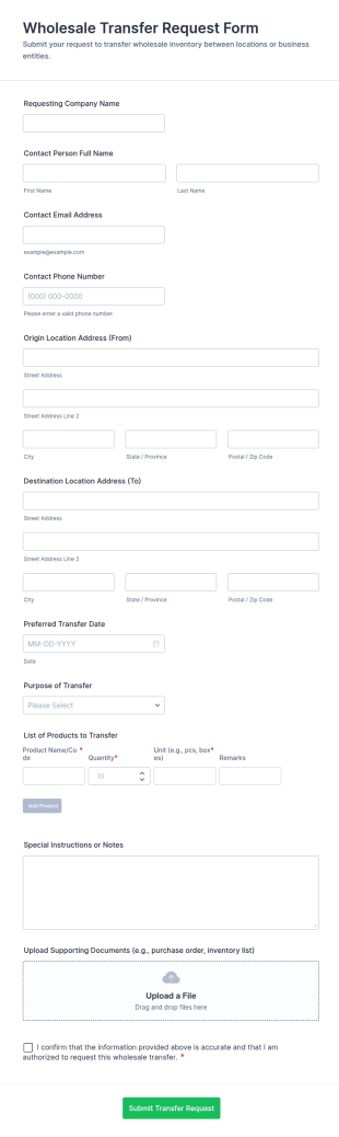 Wholesale Transfer Request Form Template