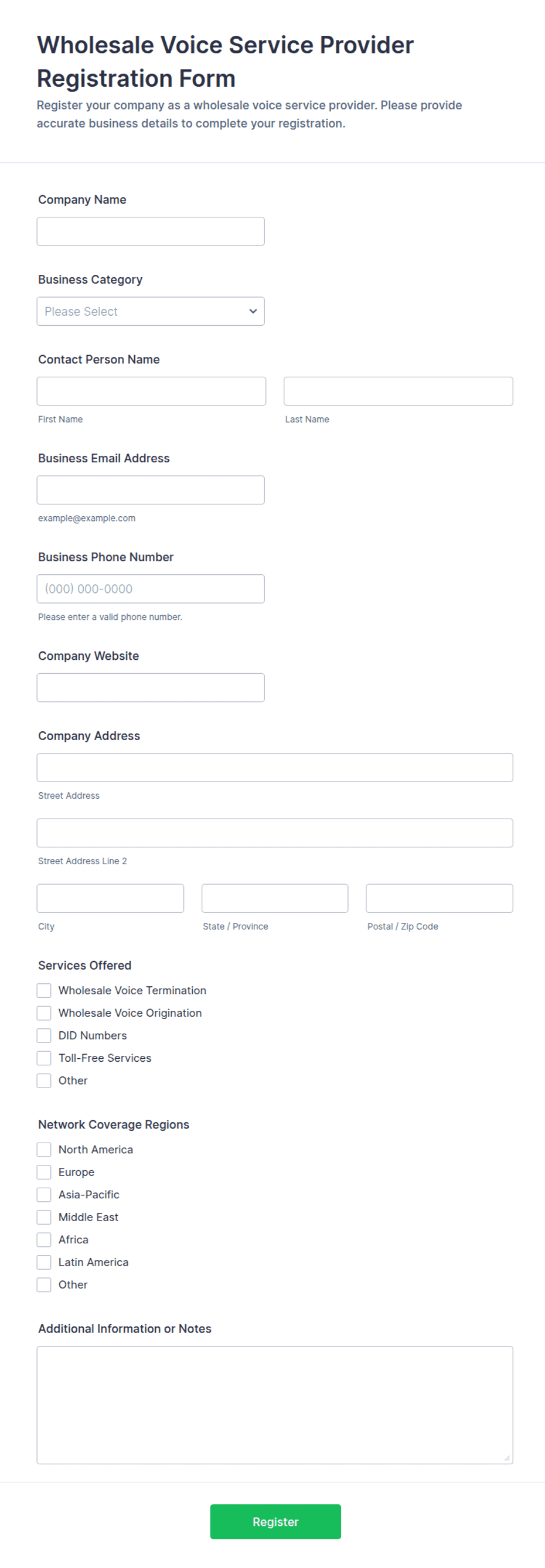 Wholesale Voice Service Provider Registration Form Template | Jotform