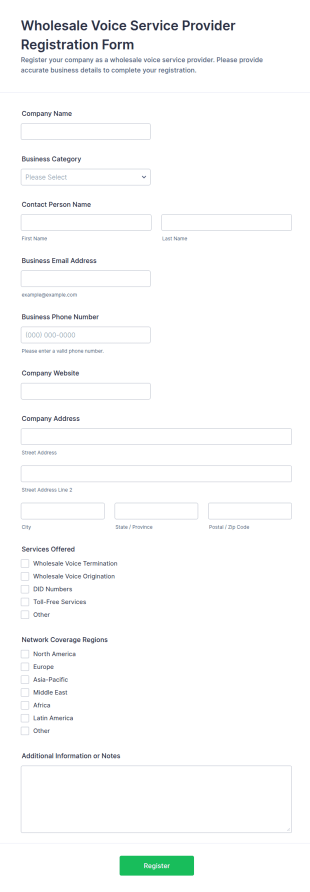 Wholesale Voice Service Provider Registration Form Template