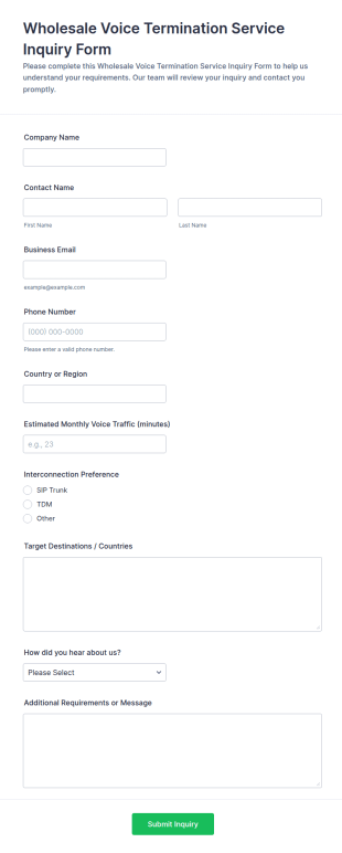 Wholesale Voice Termination Service Inquiry Form Template