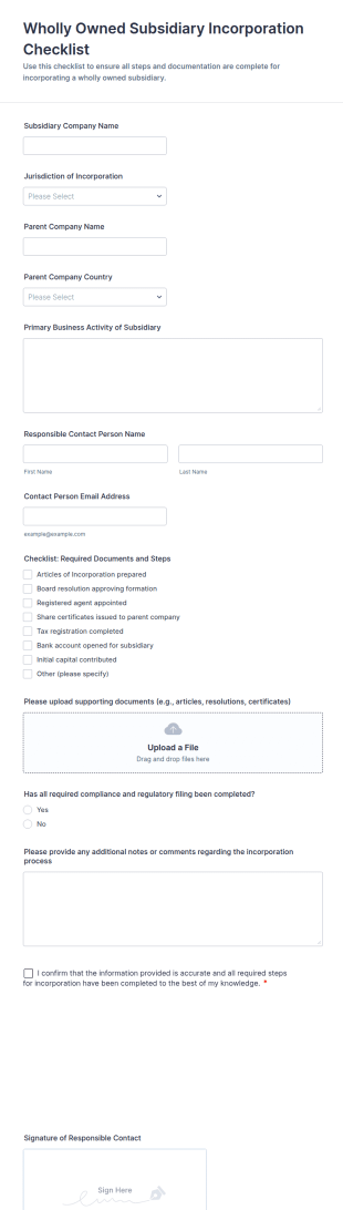 Wholly Owned Subsidiary Incorporation Checklist Form Template