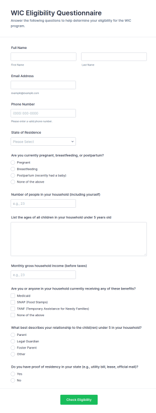 WIC Eligibility Questionnaire Form Template