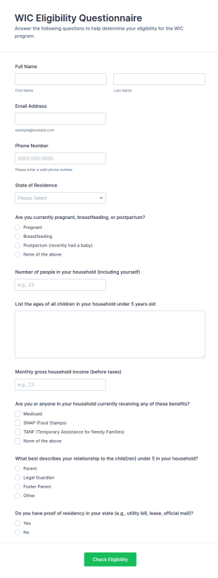 WIC Eligibility Questionnaire Form Template