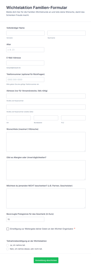 Wichtelaktion Familien Formular