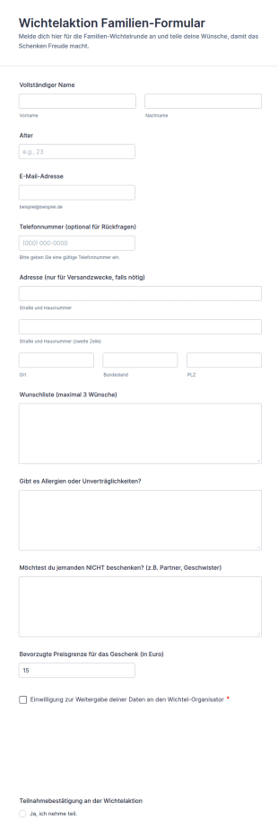 Wichtelaktion Familien Formular