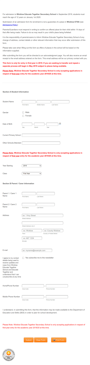 Wicklow Educate Together Secondary School 2019 20 Form Template