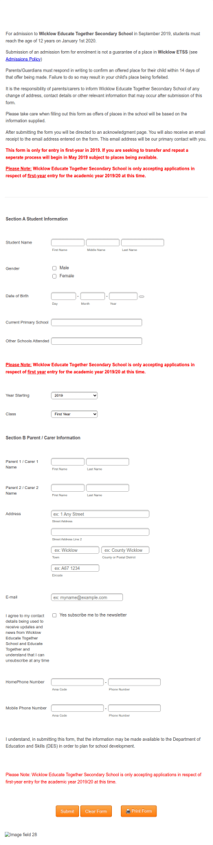 Wicklow Educate Together Secondary School 2019 20 Form Template
