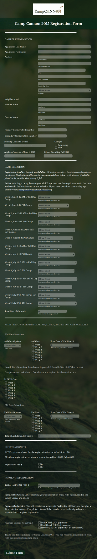 Camper Event Registration Form Template