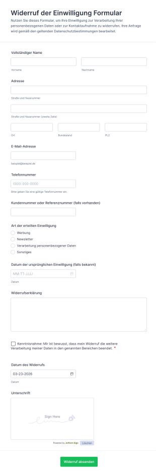 Widerruf Der Einwilligung Formular