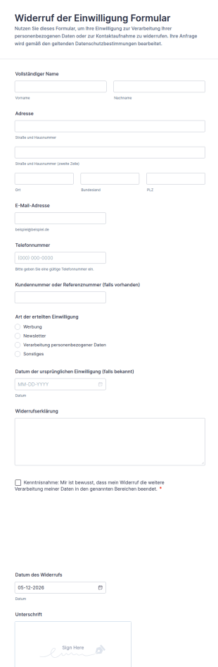 Widerruf Der Einwilligung Formular