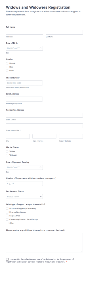 Widows And Widowers Registration Form Template