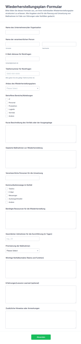 Wiederherstellungsplan Formular