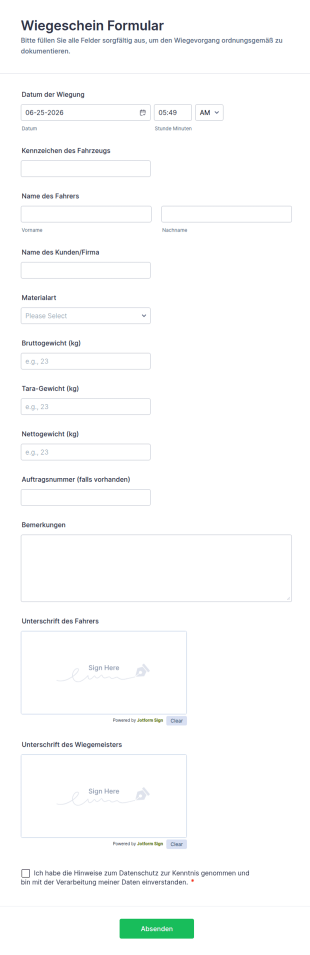 Wiegeschein Formular