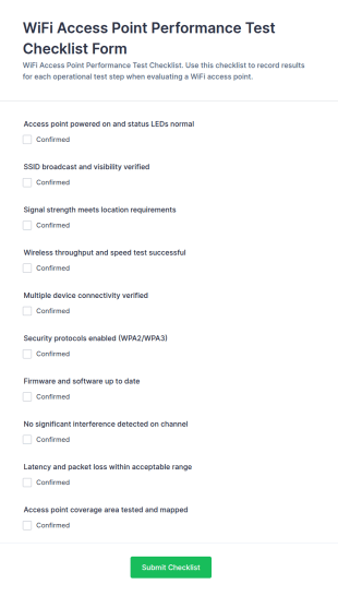 WiFi Access Point Performance Test Checklist Form Template