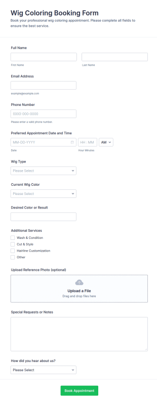 Wig Coloring Booking Form Template