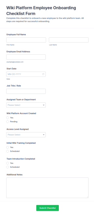 Wiki Platform Employee Onboarding Checklist Form Template