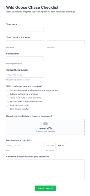 Wild Goose Chase Checklist Form Template