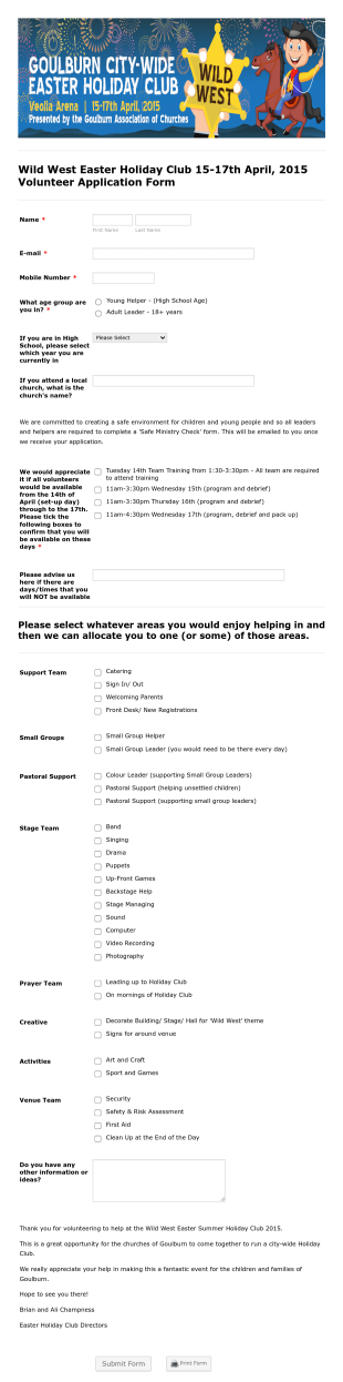 Easter Holiday Club Volunteer Application Form Template
