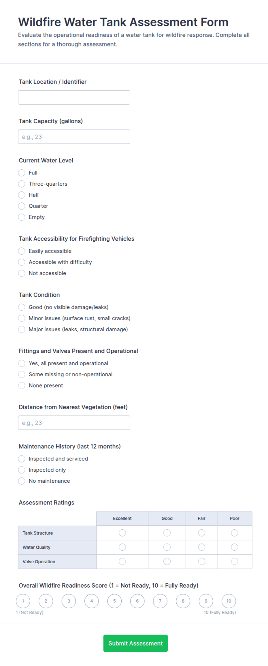 Wildfire Water Tank Assessment Form Template | Jotform