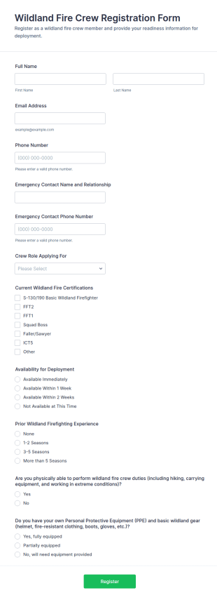 Wildland Fire Crew Registration Form Template