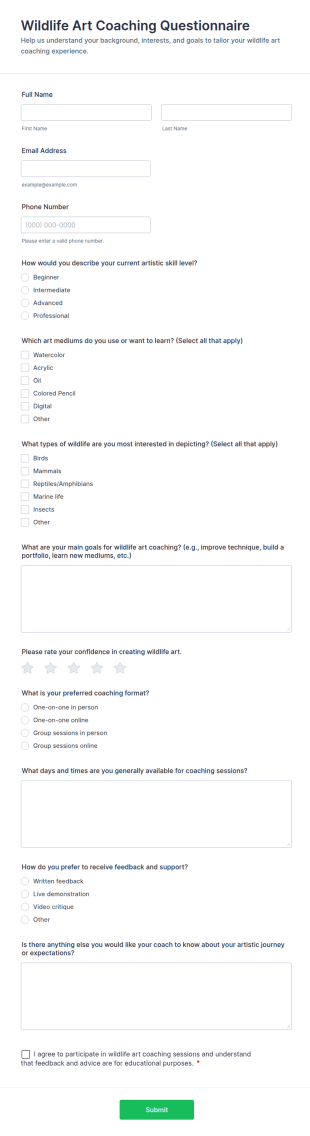 Wildlife Art Coaching Questionnaire Form Template