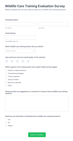 Wildlife Care Training Evaluation Survey Form Template