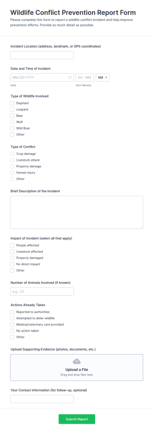 Wildlife Conflict Prevention Report Form Template