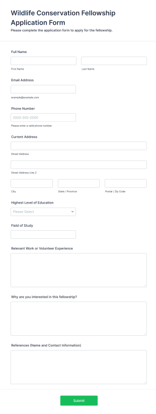 Wildlife Conservation Fellowship Application Form Form Template