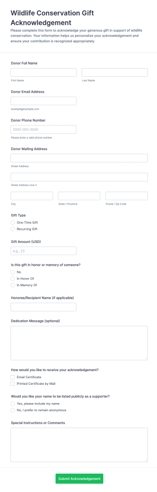 Wildlife Conservation Gift Acknowledgement Form Template