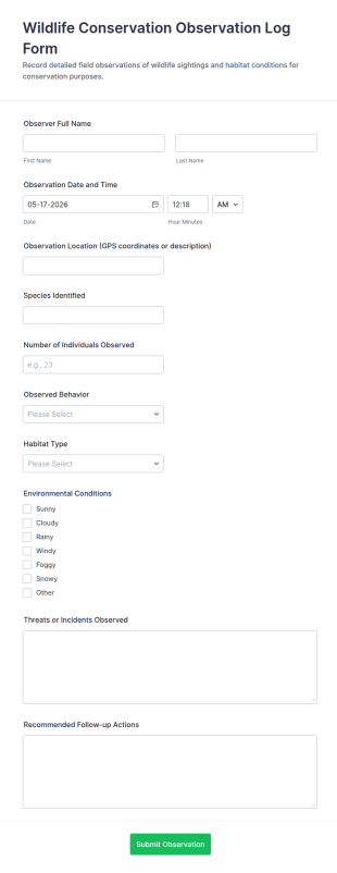 Wildlife Conservation Observation Log Form Template