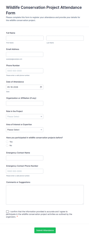 Wildlife Conservation Project Attendance Form Template