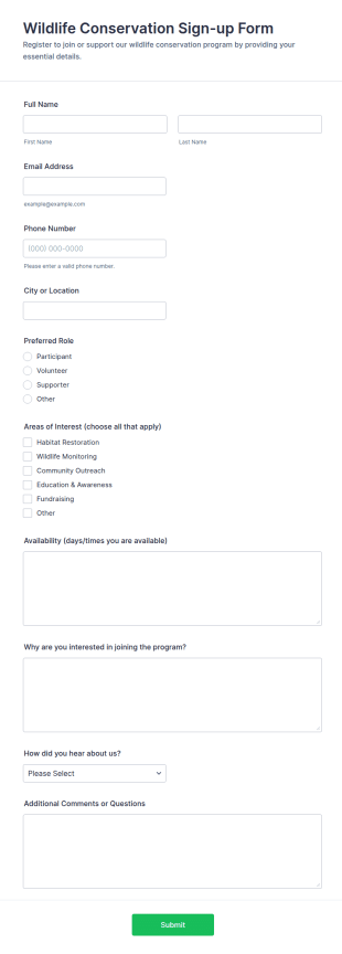 Wildlife Conservation Sign Up Form Template