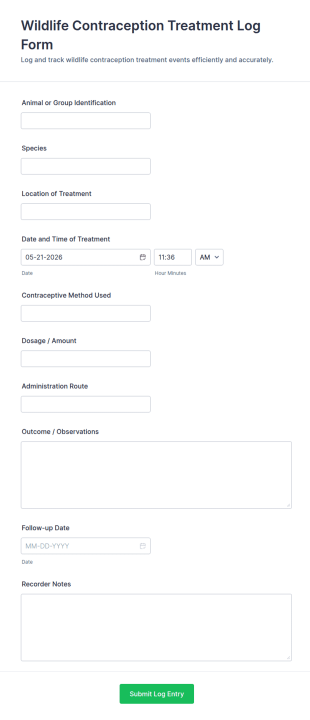Wildlife Contraception Treatment Log Form Template