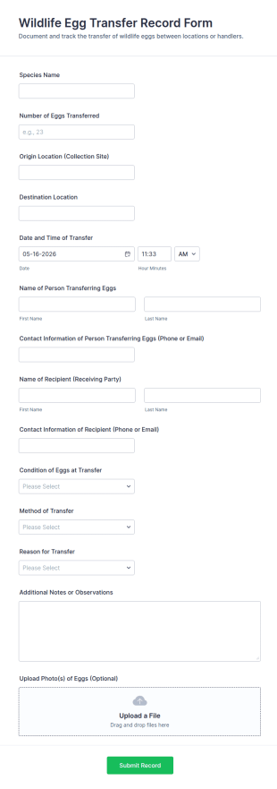 Wildlife Egg Transfer Record Form Template