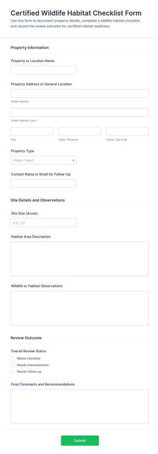 Wildlife Habitat Certification Checklist Form Template