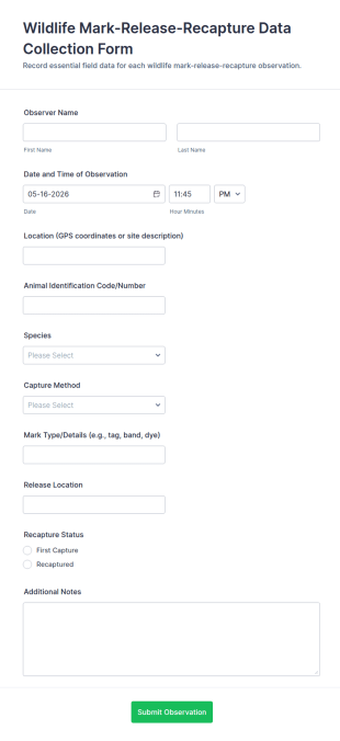 Wildlife Mark Release Recapture Data Collection Form Template