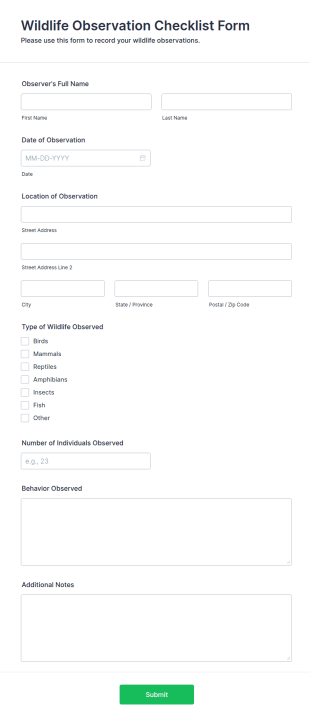 Wildlife Observation Checklist Form Template