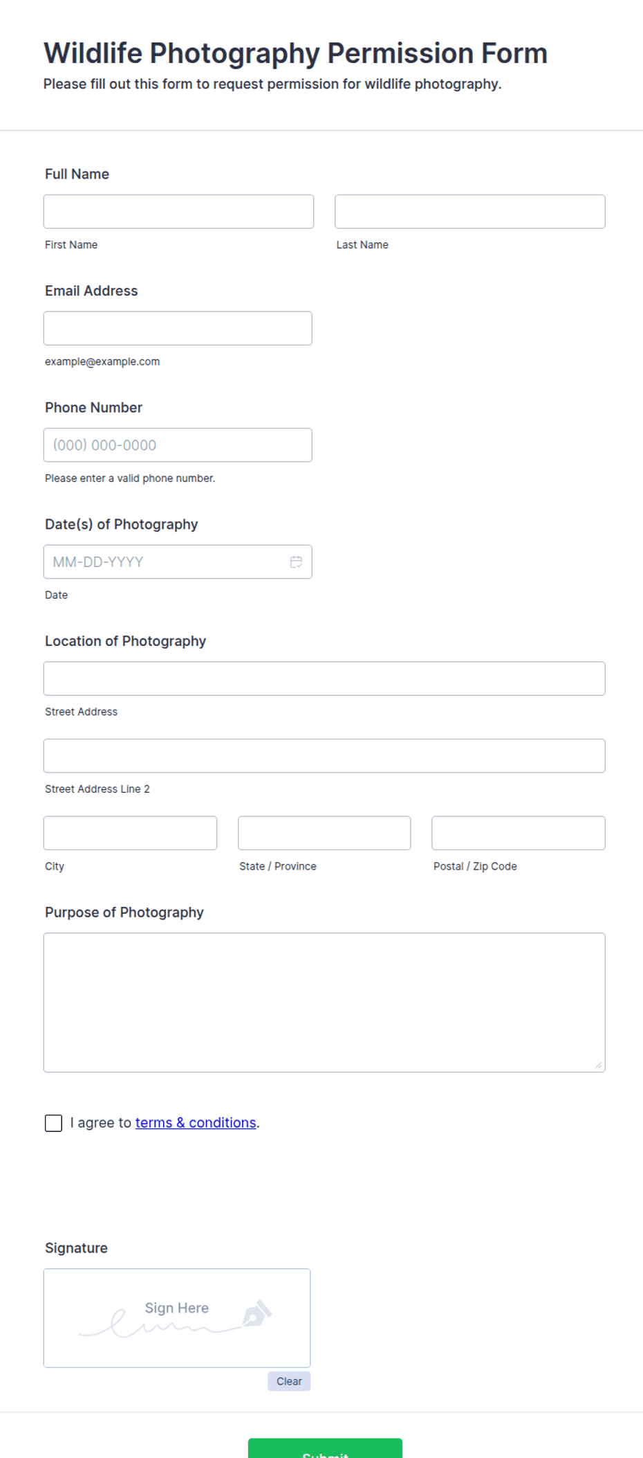Wildlife Photography Permission Form Template | Jotform