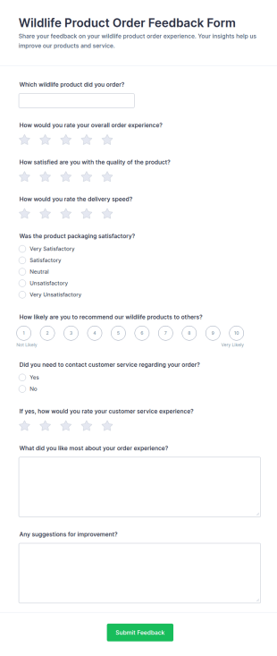 Wildlife Product Order Feedback Form Template