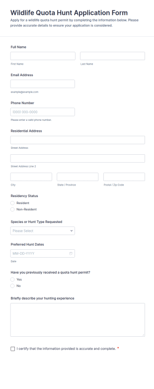 Wildlife Quota Hunt Application Form Template