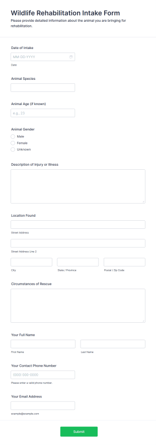 Wildlife Rehabilitation Intake Form Form Template