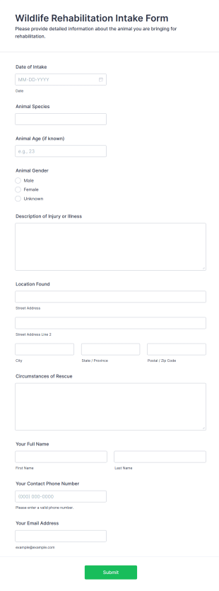 Wildlife Rehabilitation Intake Form Template