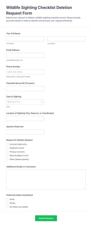 Wildlife Sighting Checklist Deletion Request Form Template